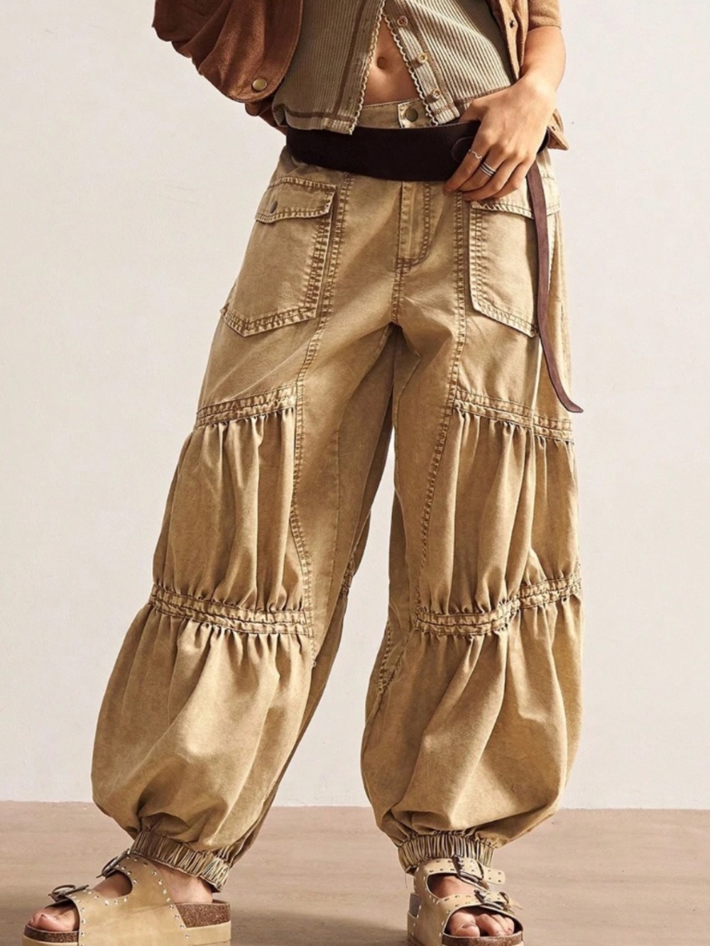 Solid Low Waist Stretchy Waist Baggy Jogger Leg Cotton pants - Picture 4 of 9